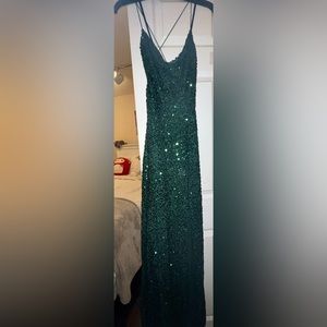 Green sequin cowl neck spaghetti strap dress